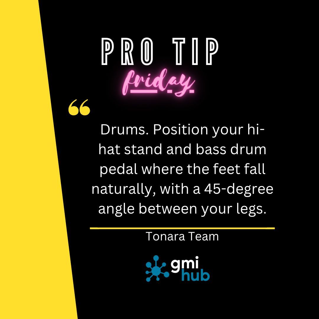 ProTip from @TonnaraTeam for drummers: Position your hi-hat stand and bass drum pedal where the feet fall naturally, with a 45-degree angle between your legs. #protip #protipfriday #musician #drummer #gmihub