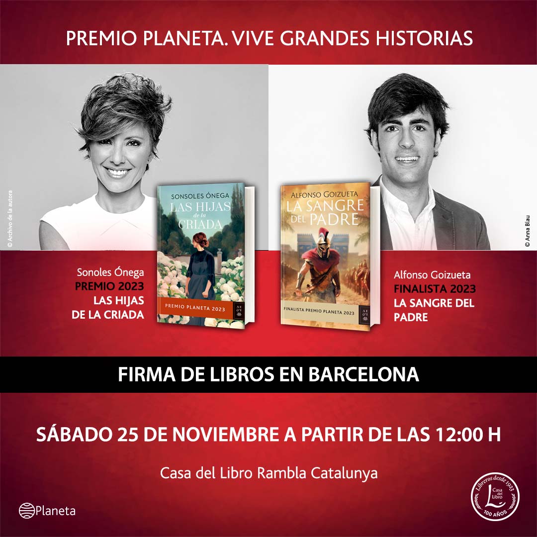 Mañana sábado, a partir de las 12 en Casa del Libro Rambla Catalunya, estarán firmando con nosotros <a href="/sonsolesonega/">Sonsoles Ónega</a> y @alfonsogoizueta, ganadora y finalista de los #PremioPlaneta2023. ¡No podéis faltar!

 <a href="/edit_planeta/">Editorial Planeta</a> @planetadelibros