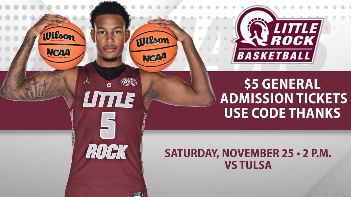 Enjoy the Thanksgiving holiday weekend with $5 general admission tickets to the Little Rock men's basketball game against Tulsa. Use the code THANKS to receive the discount. Tip-off is at 2 p.m. on Saturday. 🎟️ - bit.ly/3tYdq7l