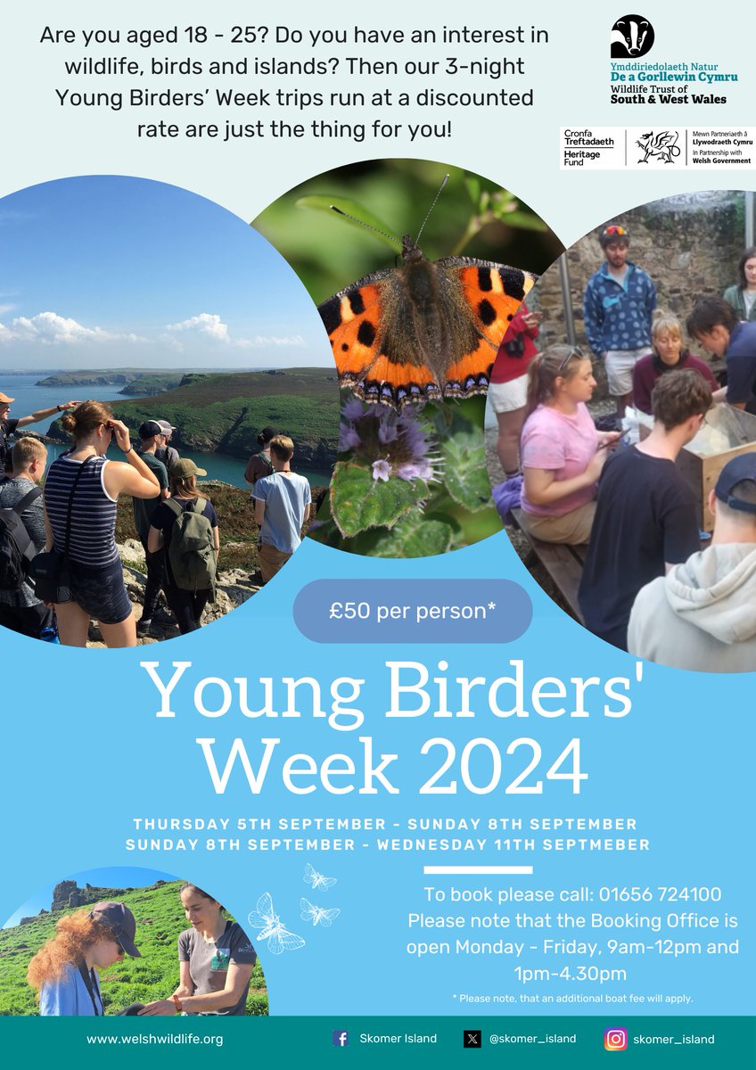 We’re pleased to announce that Young Birders’ Week is back for 2024 for young people aged 18-25 (5th-11thSeptember) which can be booked from tomorrow.

Find out more: welshwildlife.org/events/2024-09…