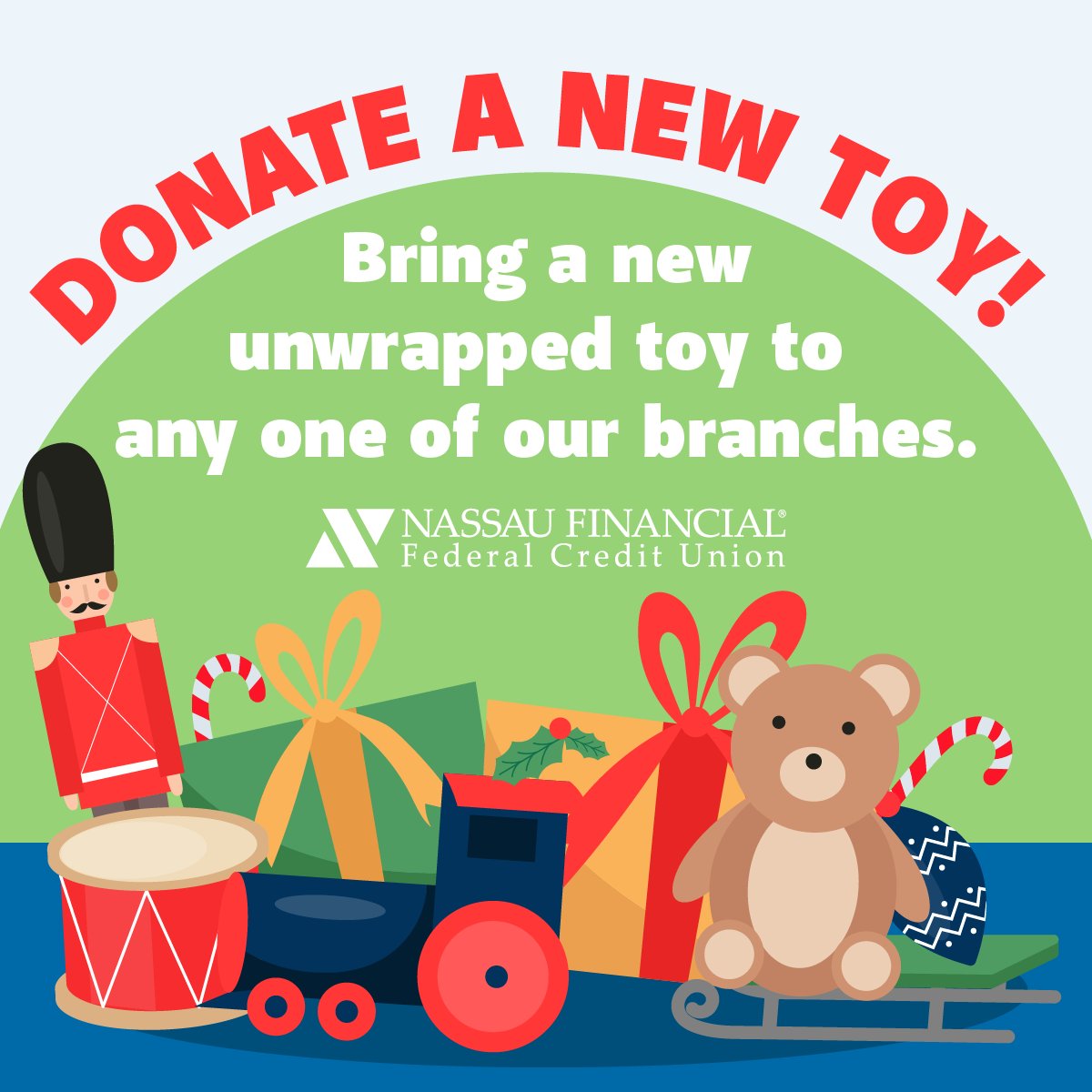 This holiday season, let's come together and make a difference in the lives of children in our community! Drop off new, unwrapped toys at any of our branches to bring smiles to the faces of kids in need. Visit nassaufinancial.org/locations to find a branch near you 🎁✨