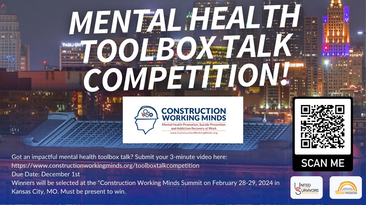 DEADLINE APPROACHING: Do you have an impactful #MentalHealth #SuicidePrevention #AddictionRecovery or #OverdosePrevention #ToolboxTalk to share? Submit a 3-5 minute video by December 1st as part of the #Construction Working Minds Summit: constructionworkingminds.org/toolboxtalkcom… 
@UniteSurvivors
