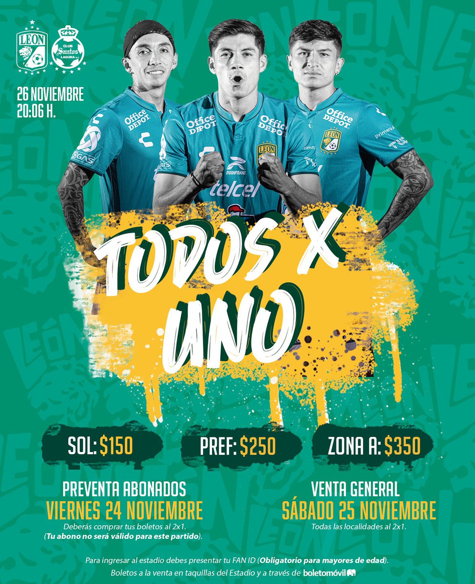 Terr_Esmeralda's tweet photo. #TodosXUno | Empieza la venta para el partido del domingo entre el Club León y Santos 🦁👀
Los precios son:
Sol: $150
Preferente: $250
Zona A: $350
¿Asistirías al estadio en esta ocasión?
#TerritorioEsmeralda #RugeOtraVez https://t.co/XVQoyJpogd