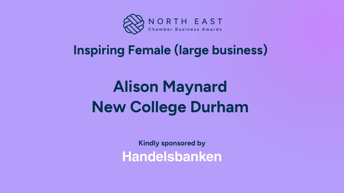 The winner of Inspiring Female (large business) is… Alison Maynard (New College Durham) 🏆 Congrats and thank you to our category sponsor, @HandelsbankenUK #InspiringFemales #NECCevents