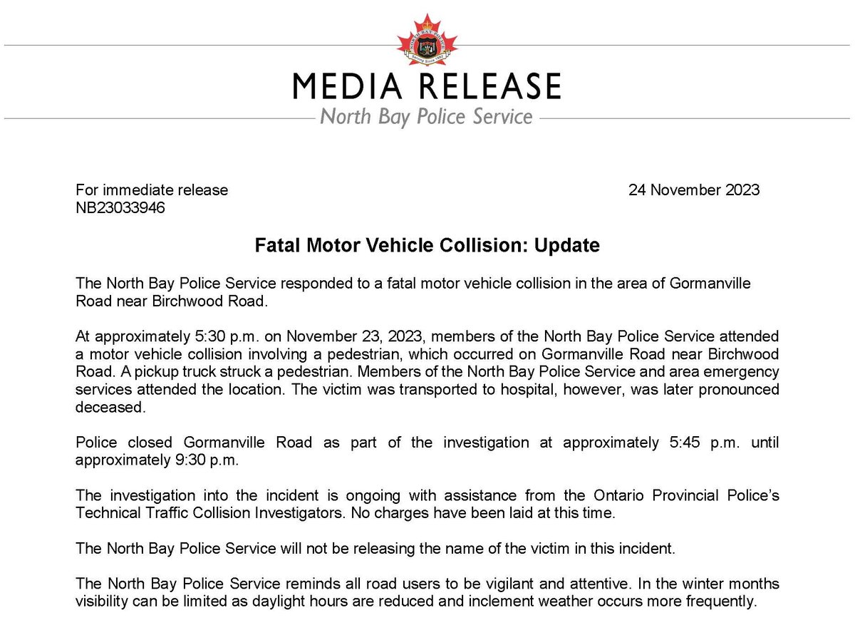 MEDIA RELEASE - Members of the North Bay Police Service attended a fatal motor vehicle collision on Gormanville Road on November 23rd. LINK northbaypolice.ca/news-releases/…