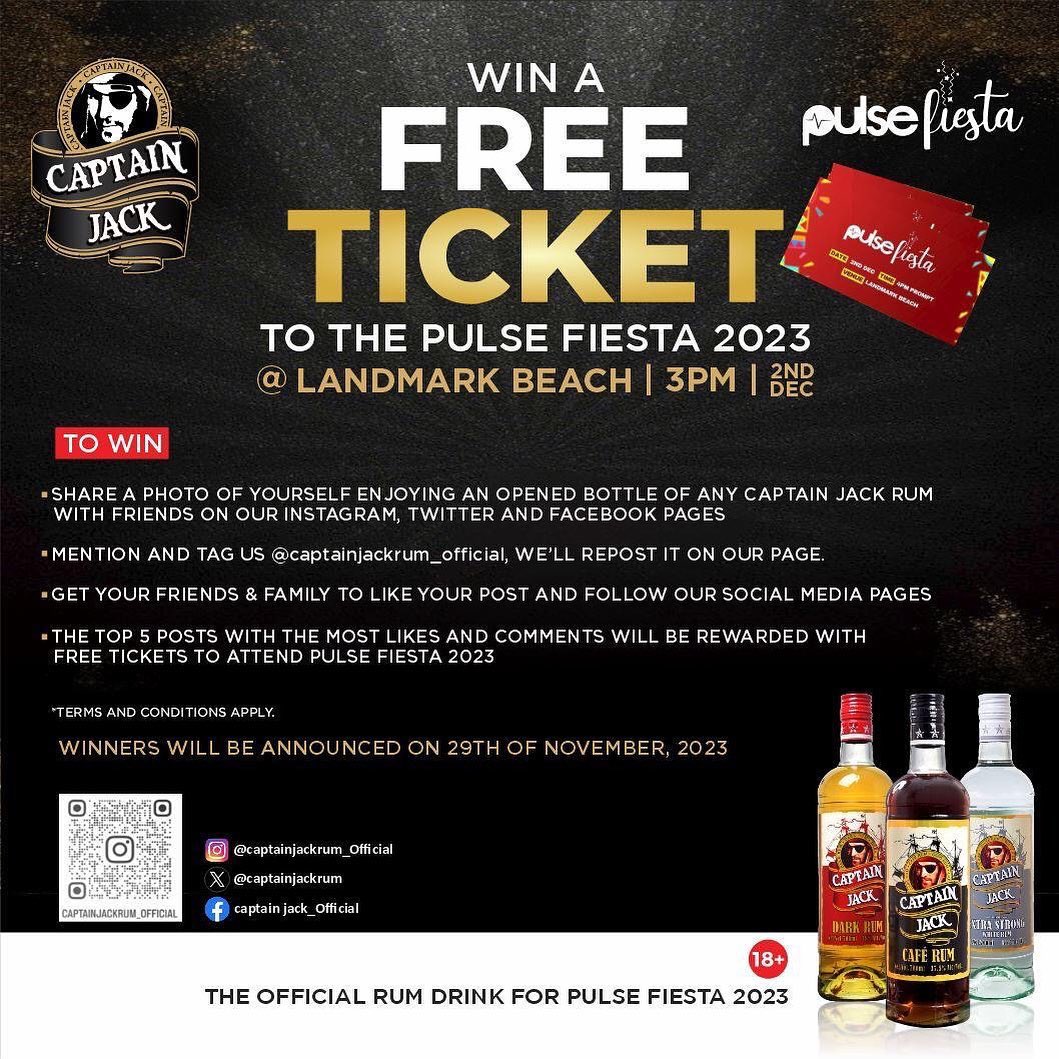 PulseNigeria247's tweet photo. Which Captain Jack Rum @captainjackrum Flavour are you picking? β¬οΈ
Swipe to stand a chance to win a free ticket to the Pulse Fiesta!
Simply follow all the steps listed below and you could be a lucky winnerπ₯³π₯³
Tag a friend who should see this!
#CaptainJackRum #CaptainJackXPulseFiesta
#PulseFiesta #PulseFiesta2023