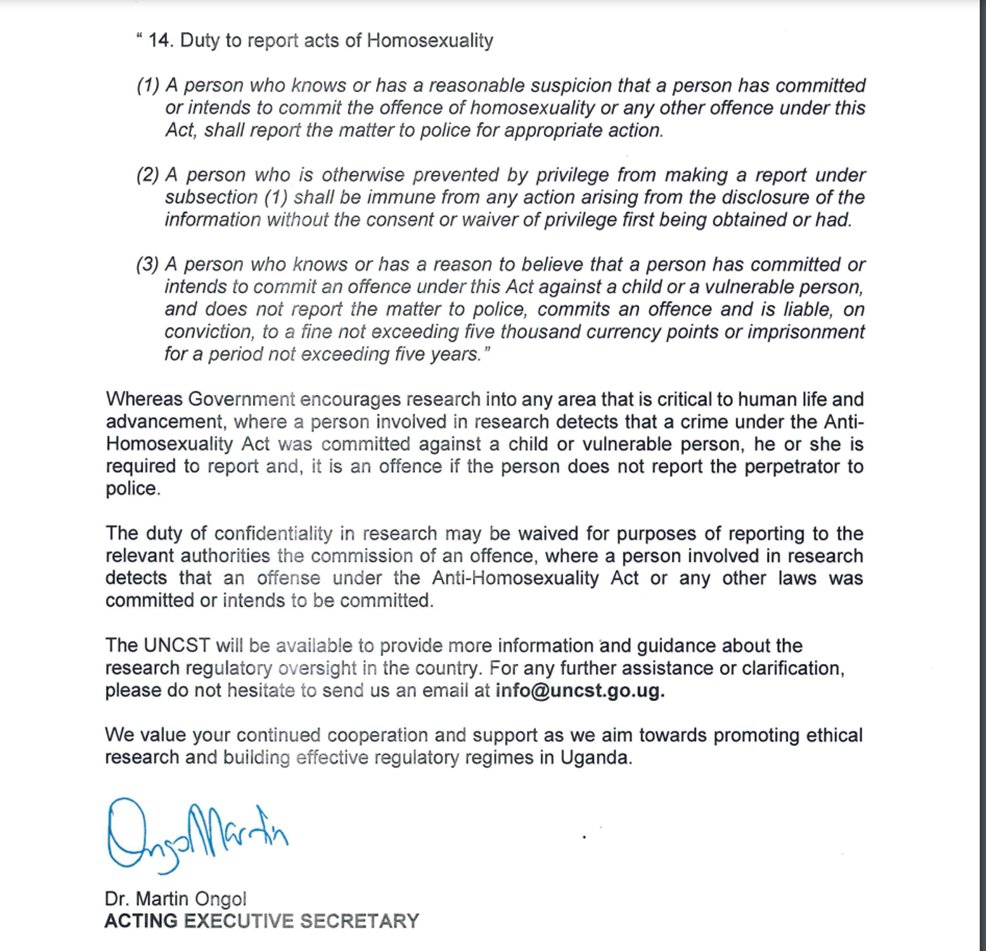 What the hell @UNCST_Uganda?? Y'all researchers in Uganda will now be expected to BREACH participants' CONFIDENTIALITY and report them to the authorities if they are homosexual OR suspected to be homosexual. #RepealAHA23 😱😱😱😱😱😱