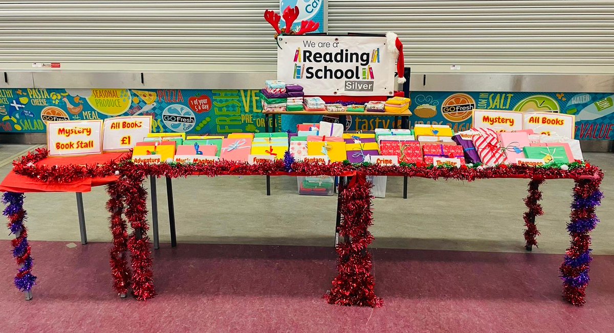Our Reading Leaders are ready for Holy Cross High’s Christmas Fayre tomorrow 🤗🎄🌟 Stop by our mystery book stall and treat yourself to an early Christmas gift! We look forward to seeing you. #ReadingSchool