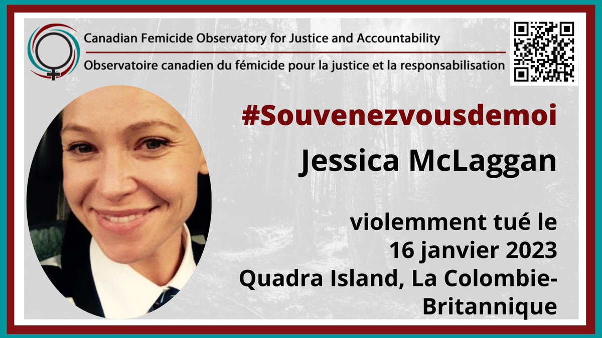 #Souvenezvousdemoi – Jessica McLaggan, 39, #Femmetuée le 16 janvier 2023 à Île Quadra, Colombie-Britannique. #Cestunfémicide #CallItFemicide femicideincanada.ca/2023victims