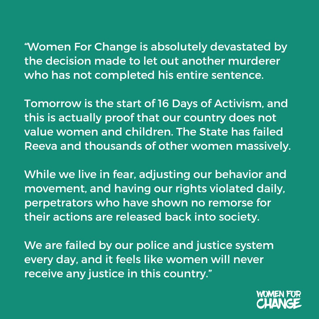 Oscar Pistorius has been granted parole and will be freed from jail in January, nearly 11 years after murdering his girlfriend, Reeva Steenkamp. 

Tomorrow is the start of 16 Days of Activism, and this is actually proof that our country does not value women and children.