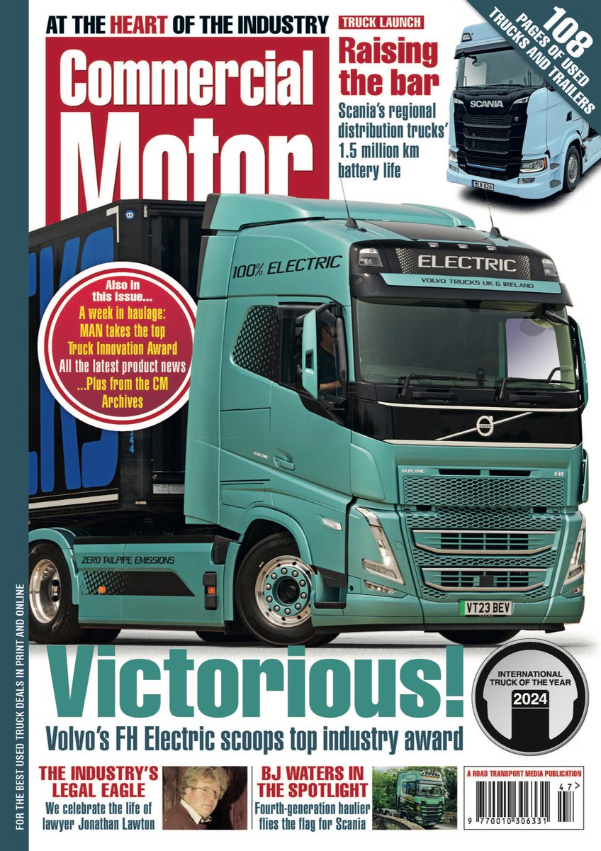 Comm_Motor's tweet photo. ‼️OUT NOW‼️
Commercial Motor 23 November 2023

►- Volvo’s FH Electric scoops top industry award. 
►Scania’s regional distribution trucks 1.5 million km battery life
► BJ Waters in the spotlight 
► We celebrate the life of lawyer Jonathan Lawton

 #commercialmotor https://t.co/SheOmenyN3