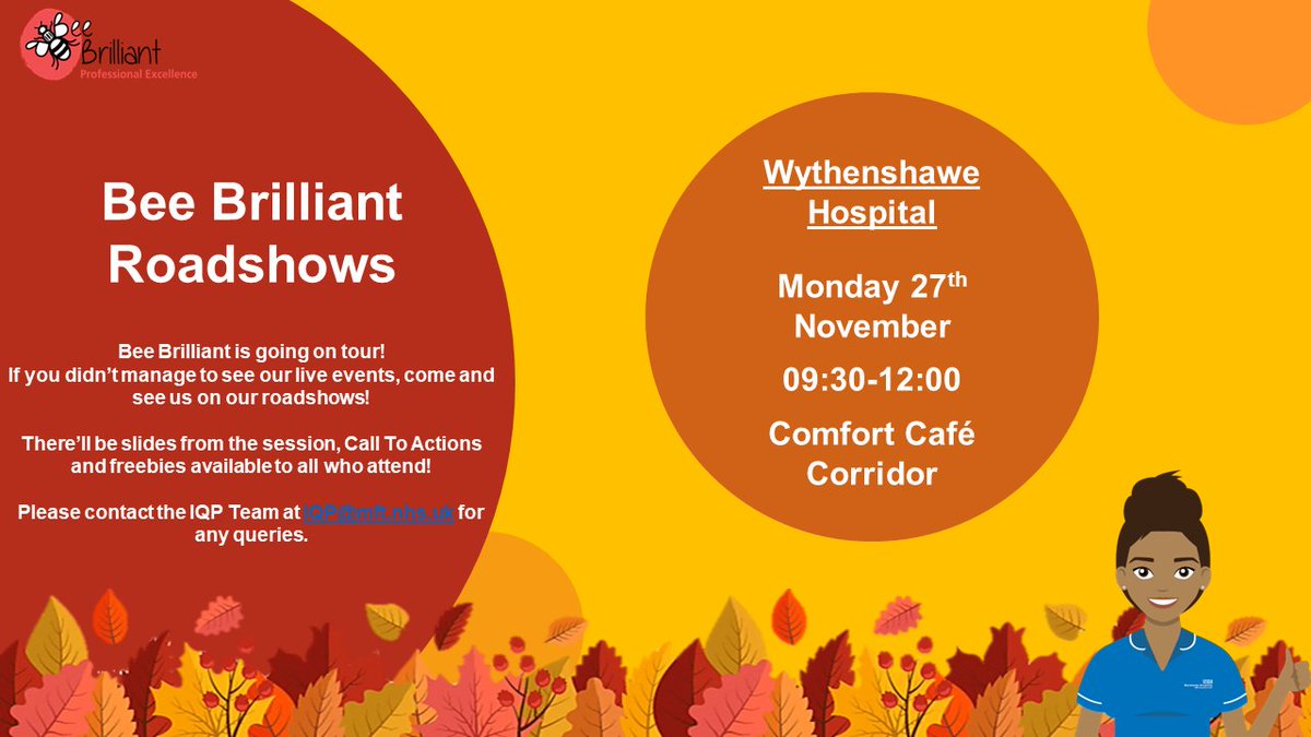 The Bee Brilliant roadshow heads over to
<a href="/WythenshaweHosp/">Wythenshawe Hospital</a> 
on Monday. We'd love to see you all there! #BeeBrilliant #Roadshows 🪞📷
<a href="/alisonlynch65/">Alison Lynch</a>
@MeersGail
<a href="/SarahCo77199660/">Sarah Cosgrove</a>
<a href="/Caroline0511/">Caroline wilson</a>
<a href="/himynameisjaneg/">Jane Grimshaw</a> 
<a href="/BeckieHughes8/">Beckie Hughes 💛💫</a>