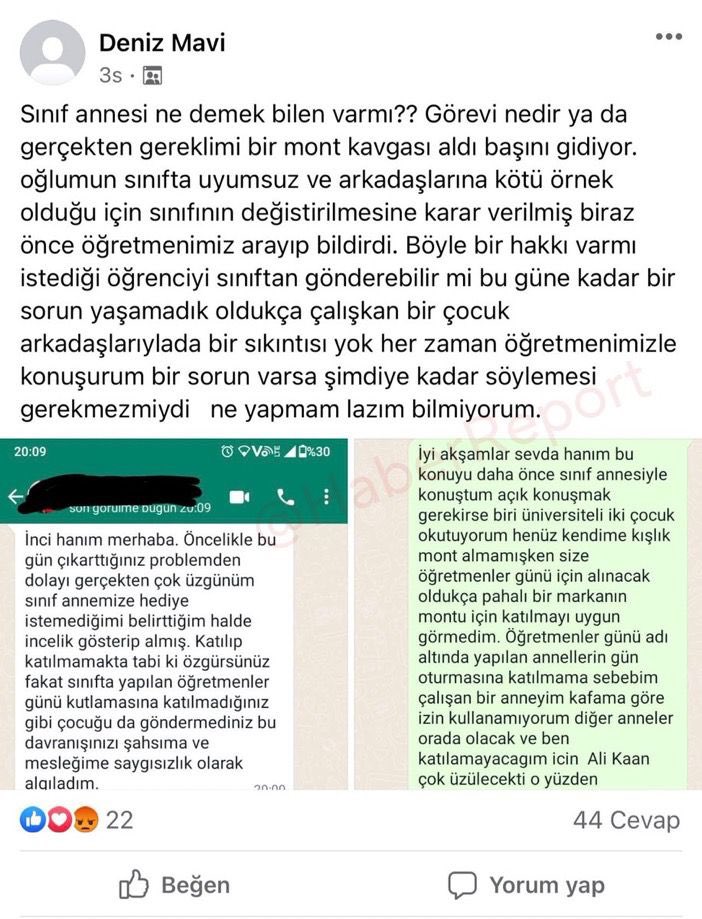 Öğretmenler günü hediyesi tartışmaları devam ediyor. Bir sosyal medya kullanıcısı öğretmene alınan “pahalı mont” hediyesine katkıda bulunmak istemediğini ardından oğlunun sınıfının değiştirildiğini iddia etti.