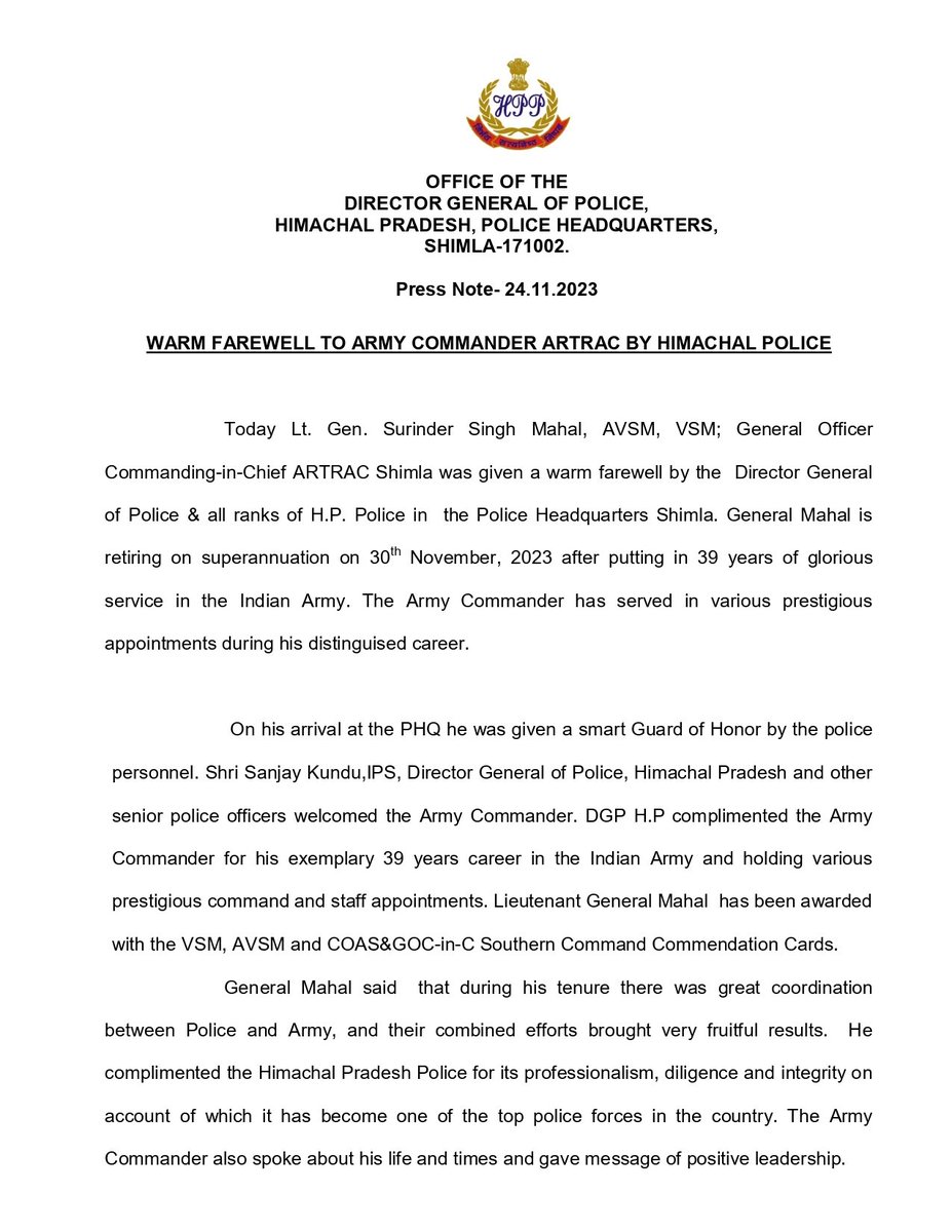TTRHimachal's tweet image. #PressNote #Himachal #PHQ #Army #DGPHP #HPPolice @himachalpolice