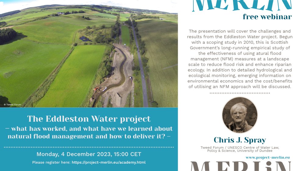 December's webinar is now open for registration. Don't forget to add it to your calendar! 📝

👨: Chris Spray, @tweed_forum / @DundeeWater, @dundeeuni
📢: The Eddleston Water project 
🗓️: December 4, 15.00 CET 
🎟️: FREE: project-merlin.eu/academy/webina… 

#freshwater #NaturebasedSolutions