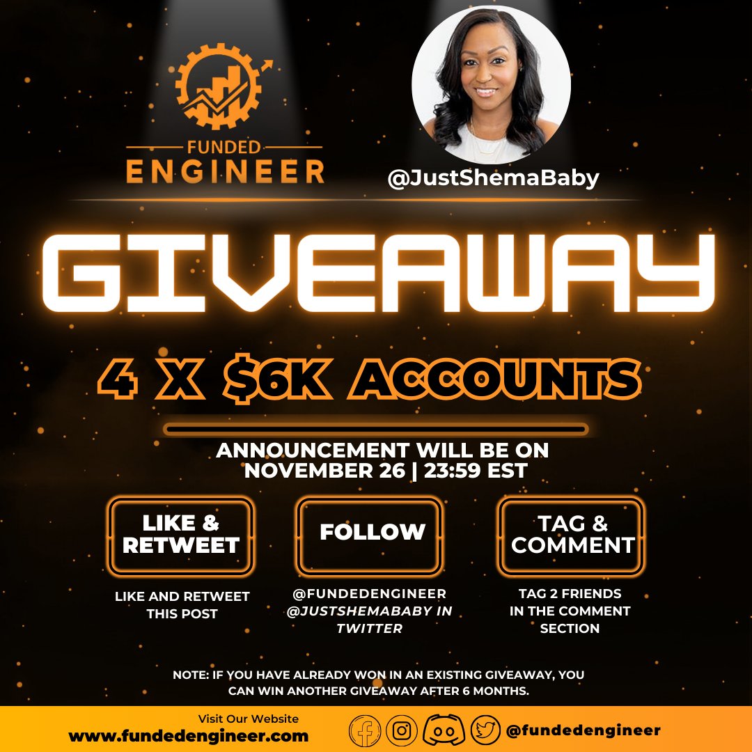 JustShemaBaby's tweet photo. 🚨 ISSA #BLACKFRIDAY GIVEAWAY 🚨

I've partnered w/ @fundedengineer to giveaway 4x $6k accounts 🎉 

To Enter:

1️⃣ Like &amp; Retweet
2️⃣ Follow: @fundedengineer x @JustShemaBaby
3️⃣ Tag: 2 Trading Buddies

Winners Announced Nov 26th 🫡
#KeepTrading ✨️ https://t.co/wzA6SqN8xh