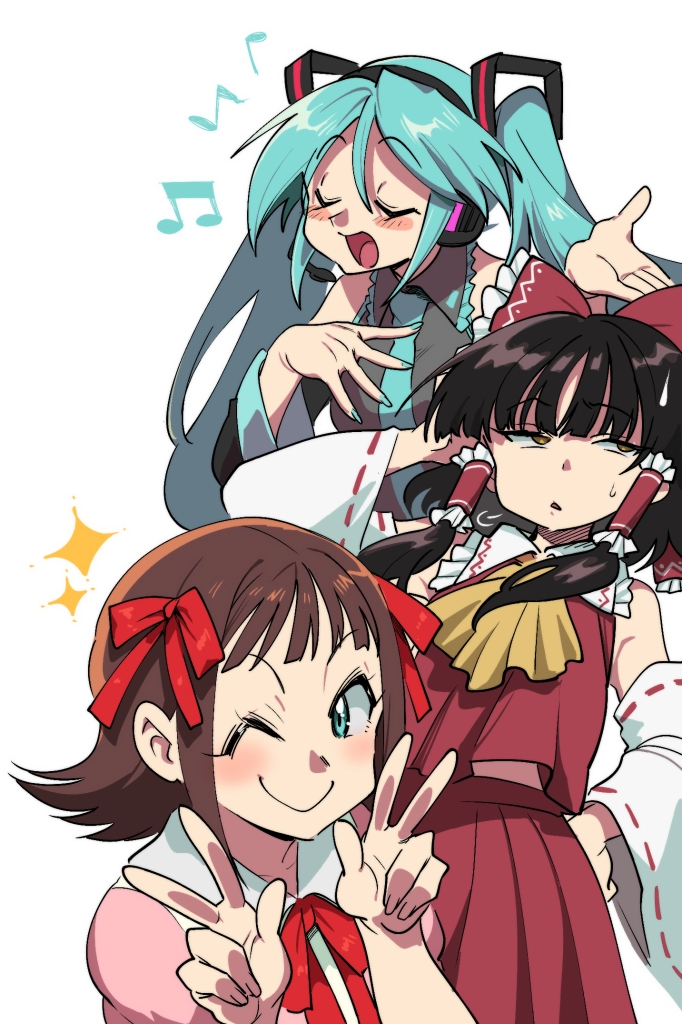 amami haruka ,hakurei reimu ,hatsune miku multiple girls 3girls detached sleeves one eye closed brown hair crossover smile  illustration images