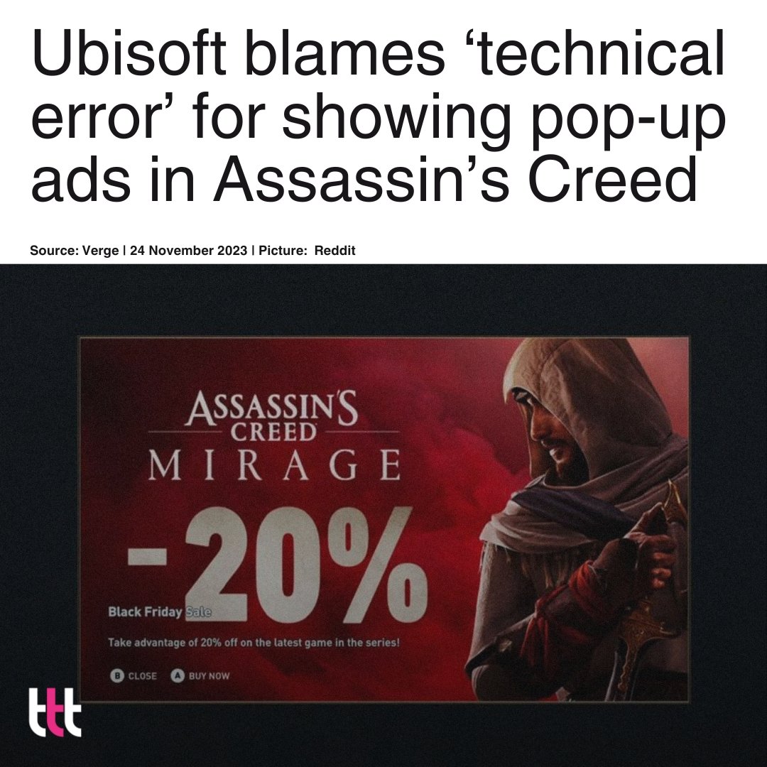 news_ftt's tweet photo. Ubisoft is blaming an unspecified “technical error” for a fullscreen pop-up ad that appeared in Assassin’s Creed Odyssey this week. Reddit users say they spotted the pop-up on Xbox and PlayStation versions of the game.

Source: Verge
.
.
.
#ftt #Ubisoft  #Gaming #gaming_news https://t.co/jYyrrSqCu7