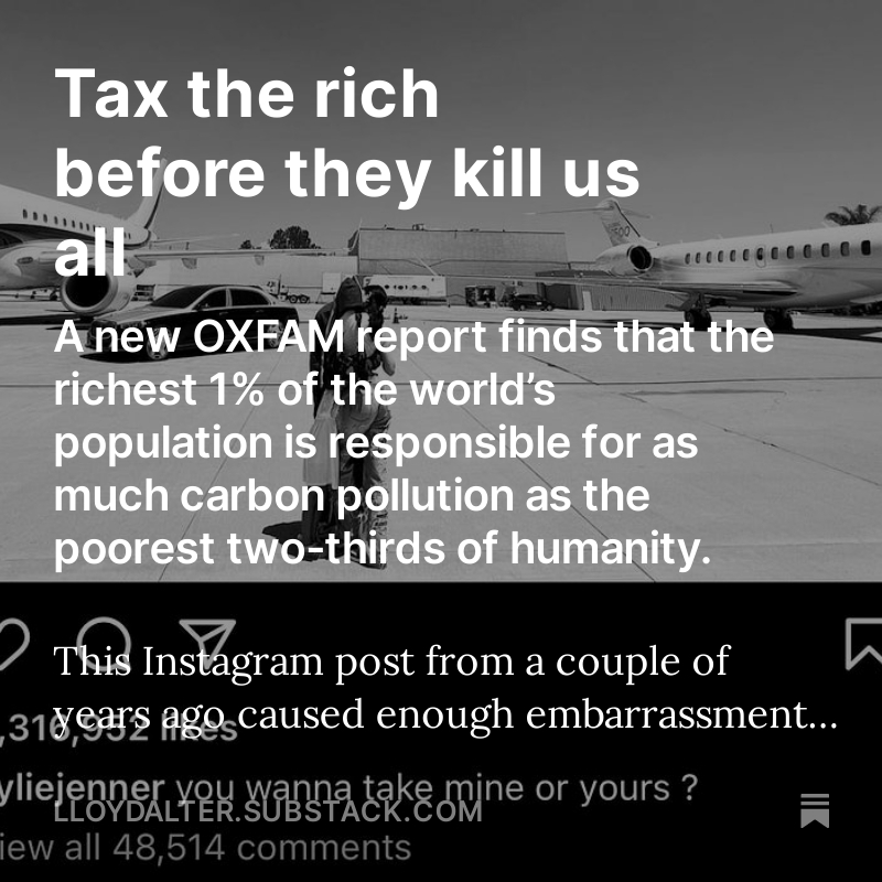 Yesterday, I saw two versions of the energy transition: A Canadian vision of abatement, carbon capture, hydrogen and small nuclear reactors, and OXFAM vision of taxing the rich out of their planes and yachts. Quotes from Piketty and @KevinClimate lloydalter.substack.com/p/tax-the-rich…