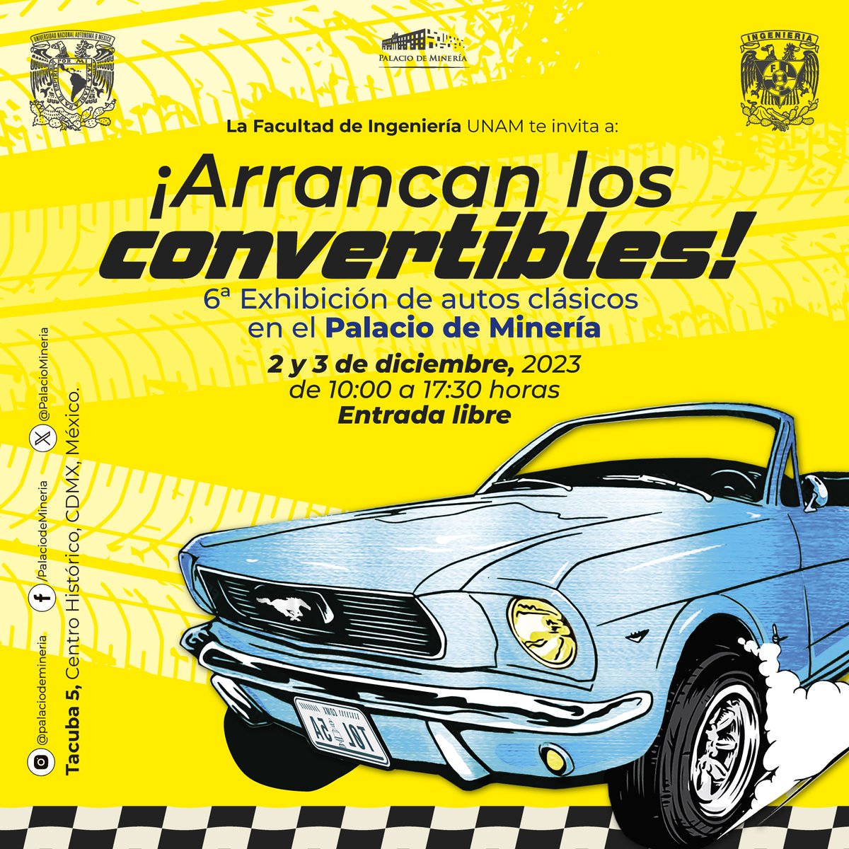 Qué mejor escenario para un auto clásico que el Palacio de Minería. 😎🚗🏛️ No te pierdas esta expo, que te trasladará en el tiempo.
¡Arrancan los convertibles!
📅2 y 3 de diciembre
⏰10:00 a 17:30
📍<a href="/PalacioMineria/">𝐏𝐚𝐥𝐚𝐜𝐢𝐨 𝐝𝐞 𝐌𝐢𝐧𝐞𝐫í𝐚 🏛️</a> de la #FIUNAM
Entrada libre