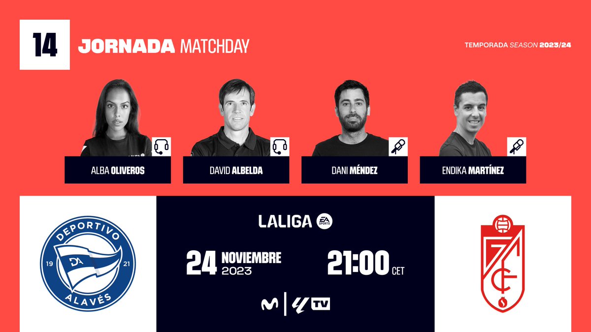 Dani Méndez (@danimendez7) on Twitter photo 🏟 Mendizorrotza. 21h (previa desde las 20.10h). Alavés - Granada en <a href="/LaLiga/">LALIGA</a> TV.
🎙con <a href="/albaoliverosz/">Alba Oliveros</a>, David Albelda, <a href="/Endika_Mart/">Endika Martínez</a> y ☝🏻. 🏟 Mendizorrotza. 21h (previa desde las 20.10h). Alavés - Granada en <a href="/LaLiga/">LALIGA</a> TV.
🎙con <a href="/albaoliverosz/">Alba Oliveros</a>, David Albelda, <a href="/Endika_Mart/">Endika Martínez</a> y ☝🏻.