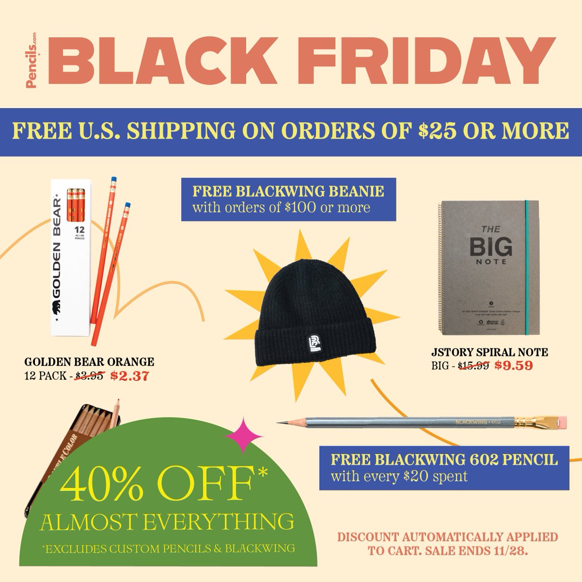 pencilscom's tweet photo. Black Friday is HERE! Take 40% off almost everything! FREE standard U.S. Shipping on orders of $25 or more. Also, get a FREE Blackwing 602 Pencil with every $20 spent and a FREE Blackwing Beanie with orders of $100 or more. Shop our Black Friday Deals: https://t.co/H5R5rHPHsY https://t.co/xdcX5HSgSt