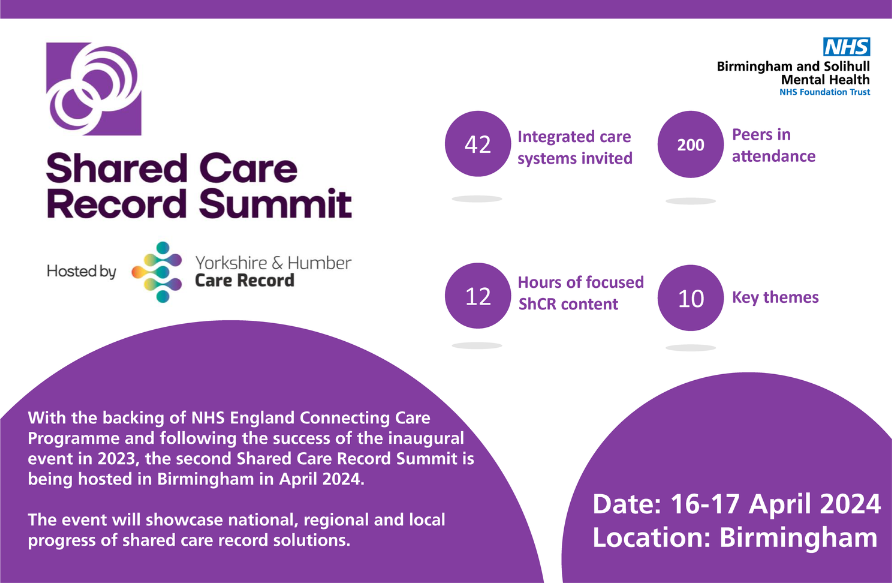 Following the success of the first Shared Care Record Summit held in Leeds in March 2023, organisers are delighted to announce that the next annual summit will be at the ICC venue in Birmingham on 16-17 April 2024. Read more: rb.gy/820i92