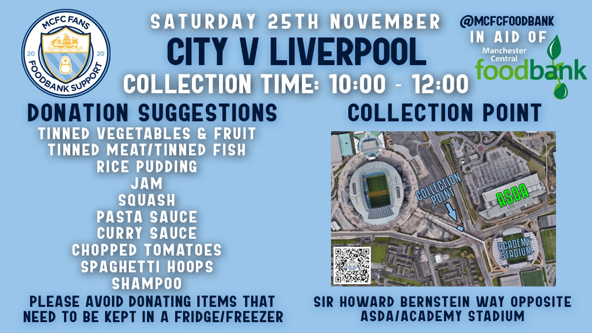 Right everyone, we're back tomorrow morning. It's an early one so it would be good to see as many of you as possible! 

<a href="/ManCity/">Manchester City</a> Vs <a href="/LFC/">Liverpool FC</a> and we're in place between 10am and 12am.

🌽 for <a href="/McrFoodbank/">Manchester Central Foodbank</a> , anything non perishable please!!

Thanks 😊 💙💙