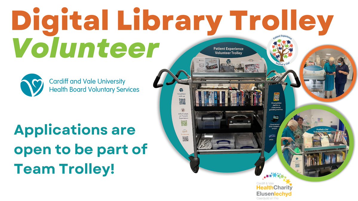 We are looking for reliable and dedicated volunteers to support our Digital Library Trolley Service at UHW. Volunteer with us! Apply online🔗cavuhb.nhs.wales/our-services/v… @cdfvolcentre @CV_UHB @WCVACymru #NHSvolunteer