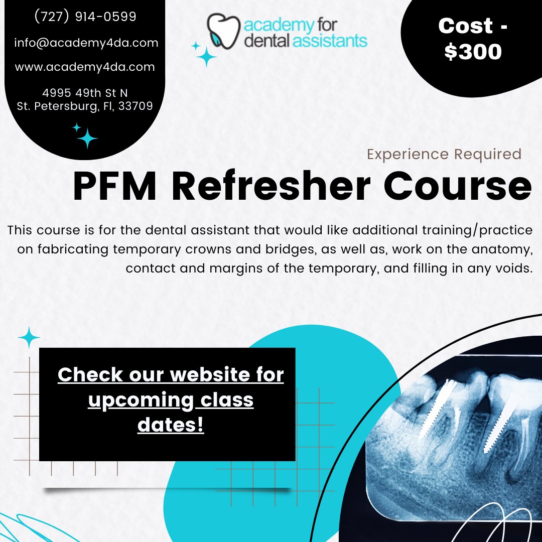 Academy4da's tweet image. Be sure to register for our upcoming X-ray &amp;amp; PFM Refresher Courses on Friday, December 8, 2023. LIMITED SEATING AVAILABLE! 

#A4DA #dental #refreshercourses #pfm #xray #dentalassistant #refresher