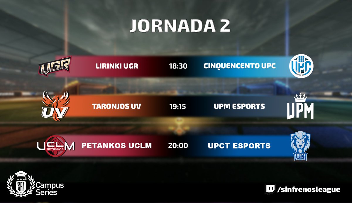 Havefungamers (@havefungamers) on Twitter photo 👨🎓JORNADA 2 #SFLCampusSeries👩🎓
⚔️#Lirinki <a href="/CanalUGR/">Universidad Granada</a>🆚#Cinquecento <a href="/la_UPC/">Universitat Politècnica de Catalunya (UPC)</a>
⚔️#Taronjos <a href="/UV_EG/">Universitat València</a>🆚<a href="/La_UPM/">Universidad Politécnica de Madrid</a>
⚔️<a href="/petankos/">Petankos</a> <a href="/uclm_es/">Universidad de Castilla-La Mancha</a>🆚<a href="/UPCTEsports/">UPCT Esports</a>
Descansa➡️<a href="/univgirona/">Universitat de Girona</a>
🎙️<a href="/Moowette/">Moowette</a> & <a href="/La_Baticao/">Bati</a>
📺twitch.tv/sinfrenosleague 👨🎓JORNADA 2 #SFLCampusSeries👩🎓
⚔️#Lirinki <a href="/CanalUGR/">Universidad Granada</a>🆚#Cinquecento <a href="/la_UPC/">Universitat Politècnica de Catalunya (UPC)</a>
⚔️#Taronjos <a href="/UV_EG/">Universitat València</a>🆚<a href="/La_UPM/">Universidad Politécnica de Madrid</a>
⚔️<a href="/petankos/">Petankos</a> <a href="/uclm_es/">Universidad de Castilla-La Mancha</a>🆚<a href="/UPCTEsports/">UPCT Esports</a>
Descansa➡️<a href="/univgirona/">Universitat de Girona</a>
🎙️<a href="/Moowette/">Moowette</a> & <a href="/La_Baticao/">Bati</a>
📺twitch.tv/sinfrenosleague