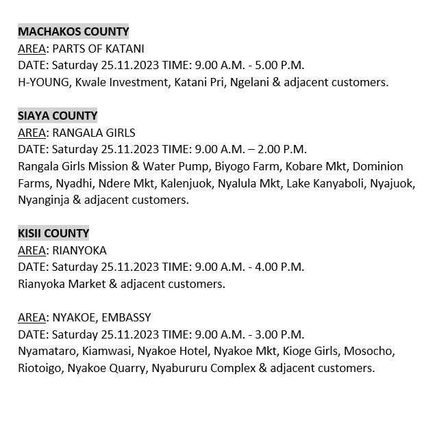KenyaPower_Care's tweet photo. Hello, these areas will be affected by planned power interruptions tomorrow: ^BT https://t.co/sYYMgi6OSw