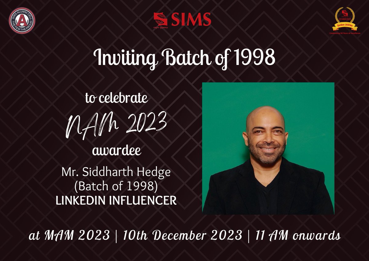 SIMSpune's tweet photo. Join us in celebrating our illustrious alumni awardees at Mumbai Alumni Meet 2023!

Date: 10th December 2023
Time: 11am onwards

Location: Ginger-Mumbai airport

(First 75 spot registrations are fully sponsored)

@director_sims @navallawande @SIMSPune

#OurAlumniOurPride #MAM23 https://t.co/MGLW1Wa81p