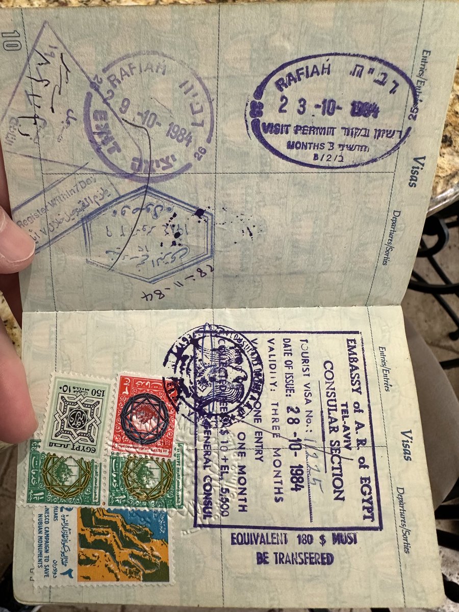 ChuckDeVore's tweet photo. With #Rafiah in the news, a couple of my visa stamps from my transits through #Gaza back when #Israel controlled the crossing. https://t.co/q5gYbs3o73