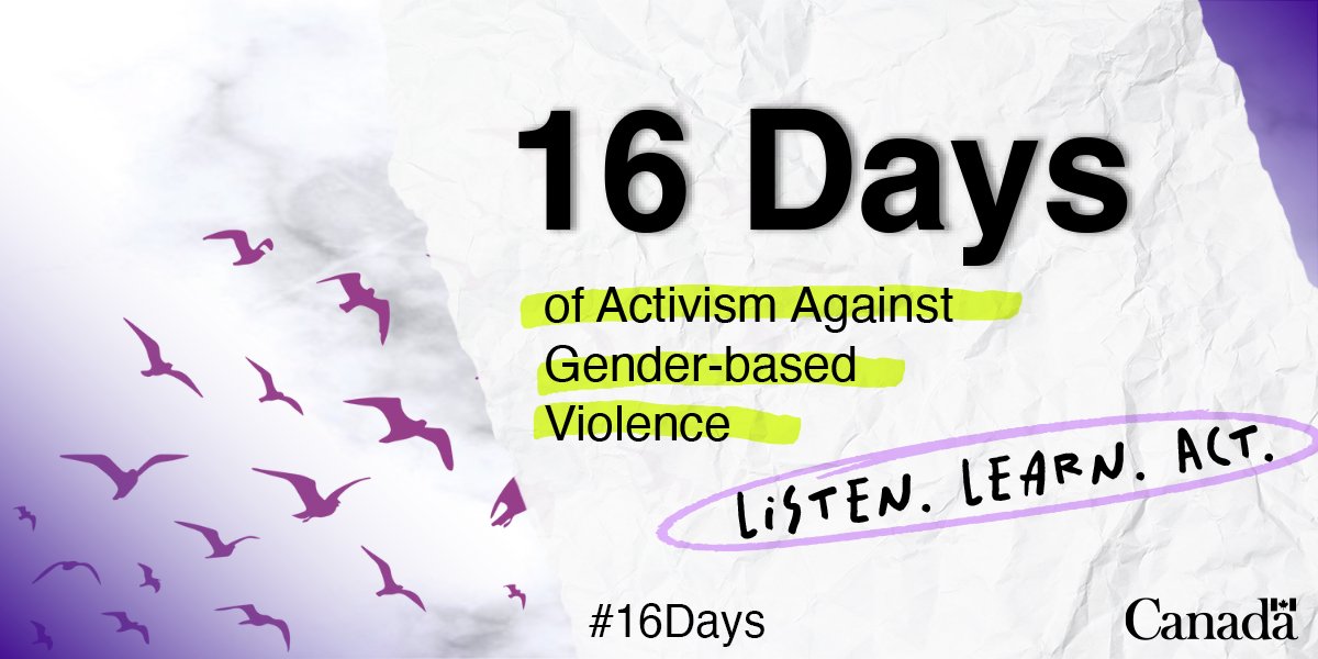 avatraining_ca's tweet photo. 16 Days of Activism (Nov. 25—Dec. 10) is a global movement to raise awareness about gender-based violence. This year, the Government of Canada’s theme is:
💜LISTEN
💜LEARN
💜ACT
Let's amplify awareness!
#16DaysOfActivism #AVA #CIHR #AVATraining #IPV #GBV https://t.co/rMfkwcxjx6