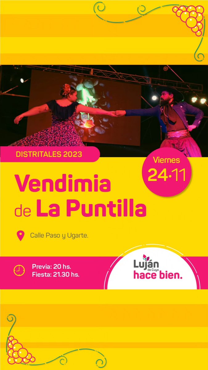 MuniLujanDeCuyo's tweet image. Fin de semana de #VendimiasDistritales 🍷👸🍇.

Te invito a que juntos, celebremos el calendario vendimial de Luján de Cuyo. 

Te esperamos 👇 

🍇 24/11 La Puntilla.
🍇 25/11 Carrodilla.
🍇 26/11 Chacras de Coria.