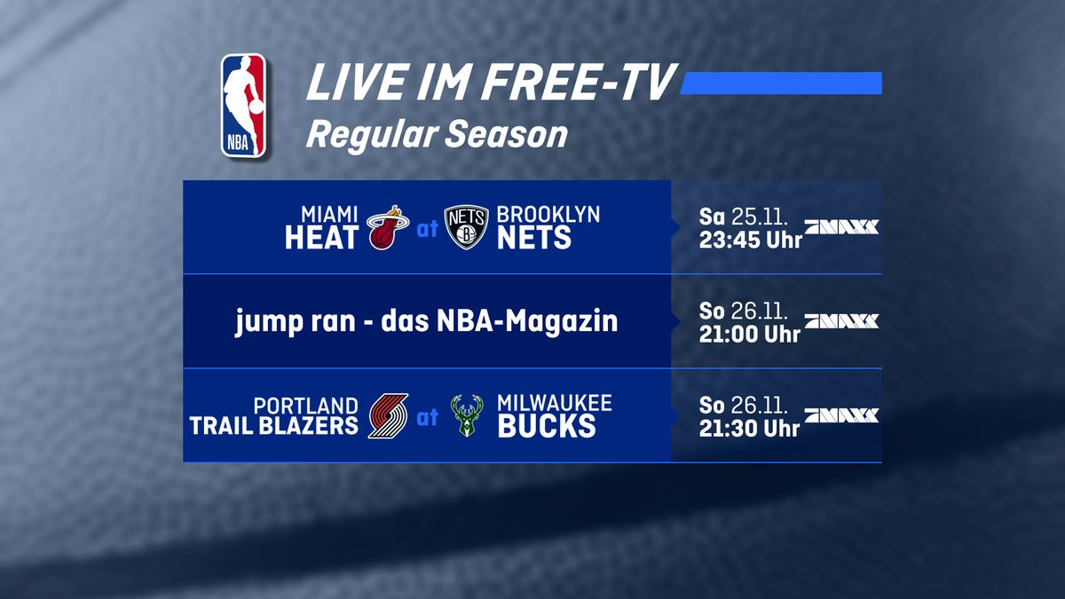 ProSiebenMAXX's tweet photo. Die Brooklyn Nets empfangen im ersten Spiel des #ranNBA-Wochenendes die Miami Heat 🏀. Morgen sind die Portland Trail Blazers zu Gast bei den Milwaukee Bucks und Blazers-Legende Damian Lillard #HomeOfNBA.
@ransport I @NBA_de https://t.co/Whg0GVNRb5