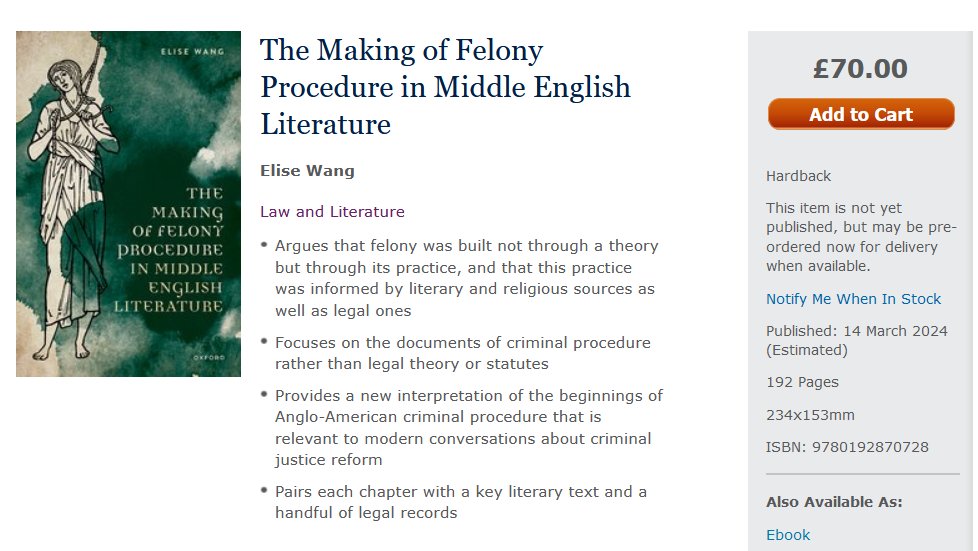 The 10th book in @OUPAcademic Law & Literature series has a cover @_elisewang, The Making of Felony Procedure in Middle English Literature global.oup.com/academic/produ… /@CamCELH @legalhistory @mpilhlt @ASLHtweets @OxfordCSLS @Medievalists @LpcProf @LizPappKamali @JStonePeters 3/14/24!