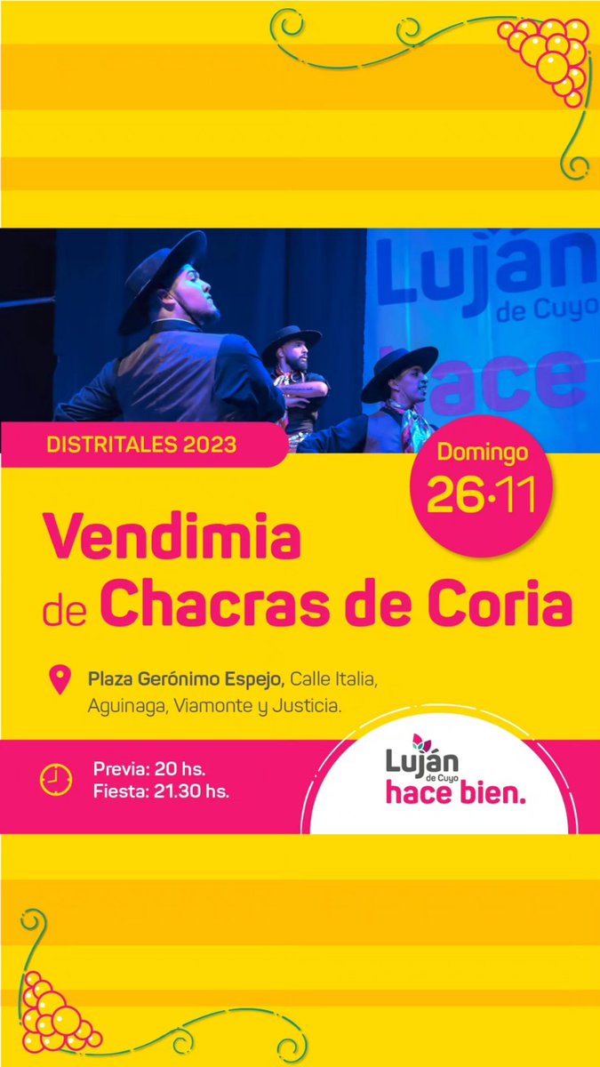 MuniLujanDeCuyo's tweet image. Fin de semana de #VendimiasDistritales 🍷👸🍇.

Te invito a que juntos, celebremos el calendario vendimial de Luján de Cuyo. 

Te esperamos 👇 

🍇 24/11 La Puntilla.
🍇 25/11 Carrodilla.
🍇 26/11 Chacras de Coria.