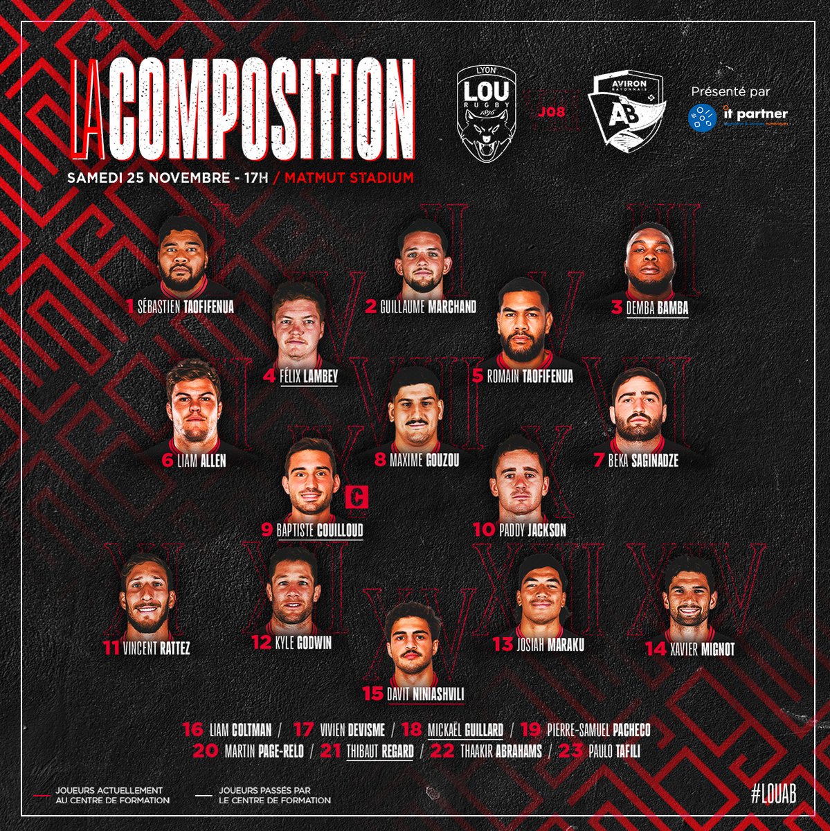 🐺🔥𝐋𝐀 𝐂𝐎𝐌𝐏𝐎 𝐃𝐔 𝐋𝐎𝐔 #LOUAB 
Découvrez l’équipe du LOU Rugby qui affrontera l'Aviron Bayonnais ce samedi (17h) sur la pelouse du Matmut Stadium Gerland.

#LaForceduLOU
#LaMeute