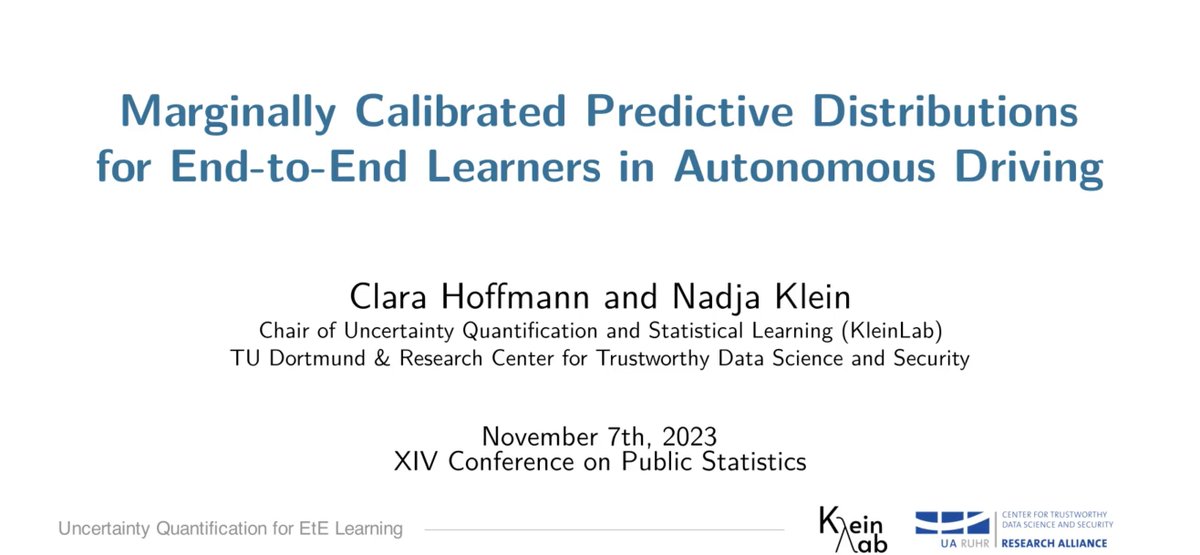 KleinSLab's tweet photo. Our Ph.D. student Clara Hoffmann presented her &amp; Nadja Klein's joint work about reliable predictive densities for autonomous driving using copulas and last-layer theory at #SEIO2023 in Spain this November 🚗

Full paper:
https://t.co/Tf5ld6fqS4
&amp; slides:
https://t.co/ZrYsaJVyD8 https://t.co/zbb1eh5eZC
