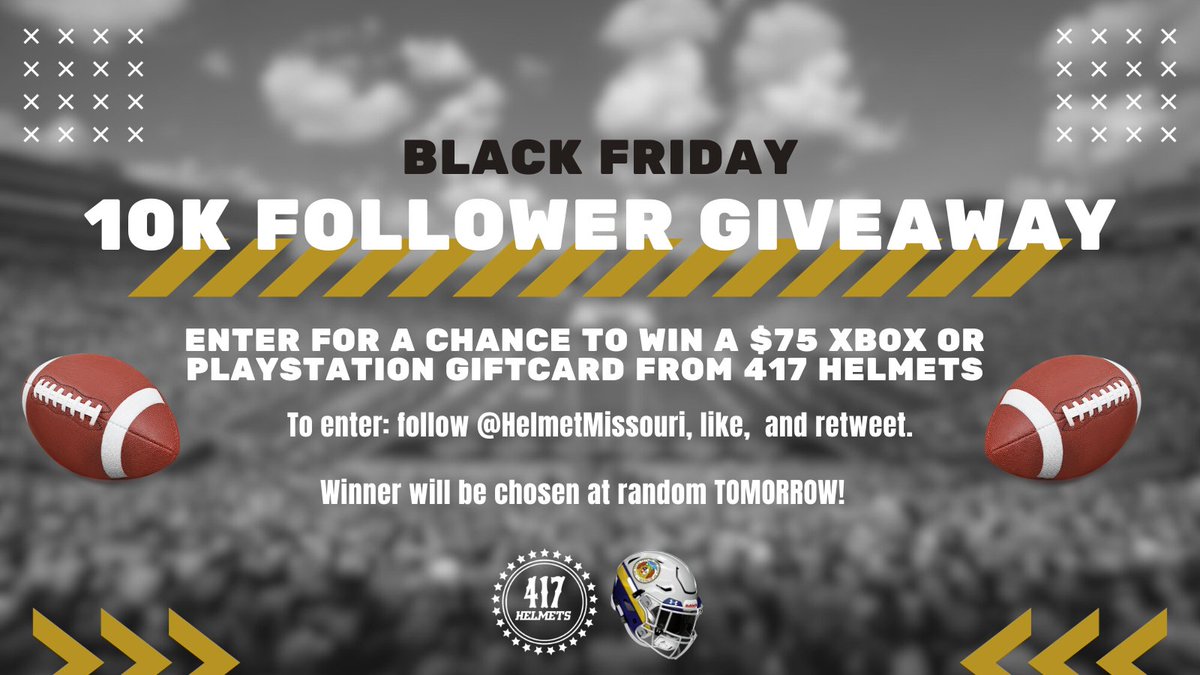 Only 97 followers away from 10k

To celebrate, we're doing a Black Friday 10k Giveaway!

If we hit 10k followers TODAY, we'll select ONE winner for a $75 Xbox/PS gift card compliments of <a href="/417helmets/">417 Helmets+Decals</a>. Just in time for Cyber Monday!

To enter; follow this account, like, and RT.