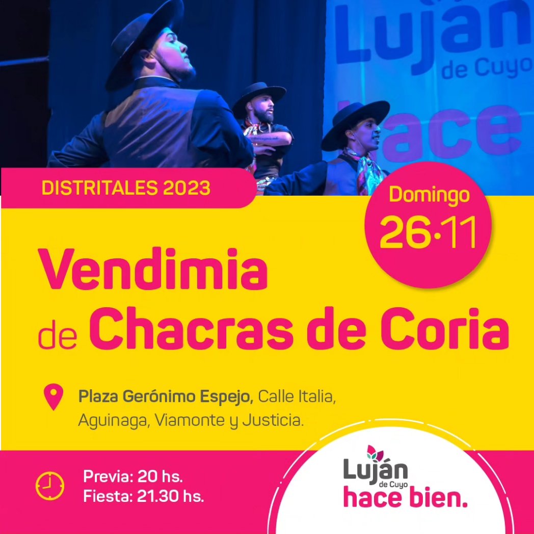 SebaBragagnolo's tweet image. Fin de semana de #VendimiasDistritales 🍷👸🍇.

Te invito a que juntos, celebremos el calendario vendimial de Luján de Cuyo. 

Te esperamos 👇 

🍇 24/11 La Puntilla.
🍇 25/11 Carrodilla.
🍇 26/11 Chacras de Coria.