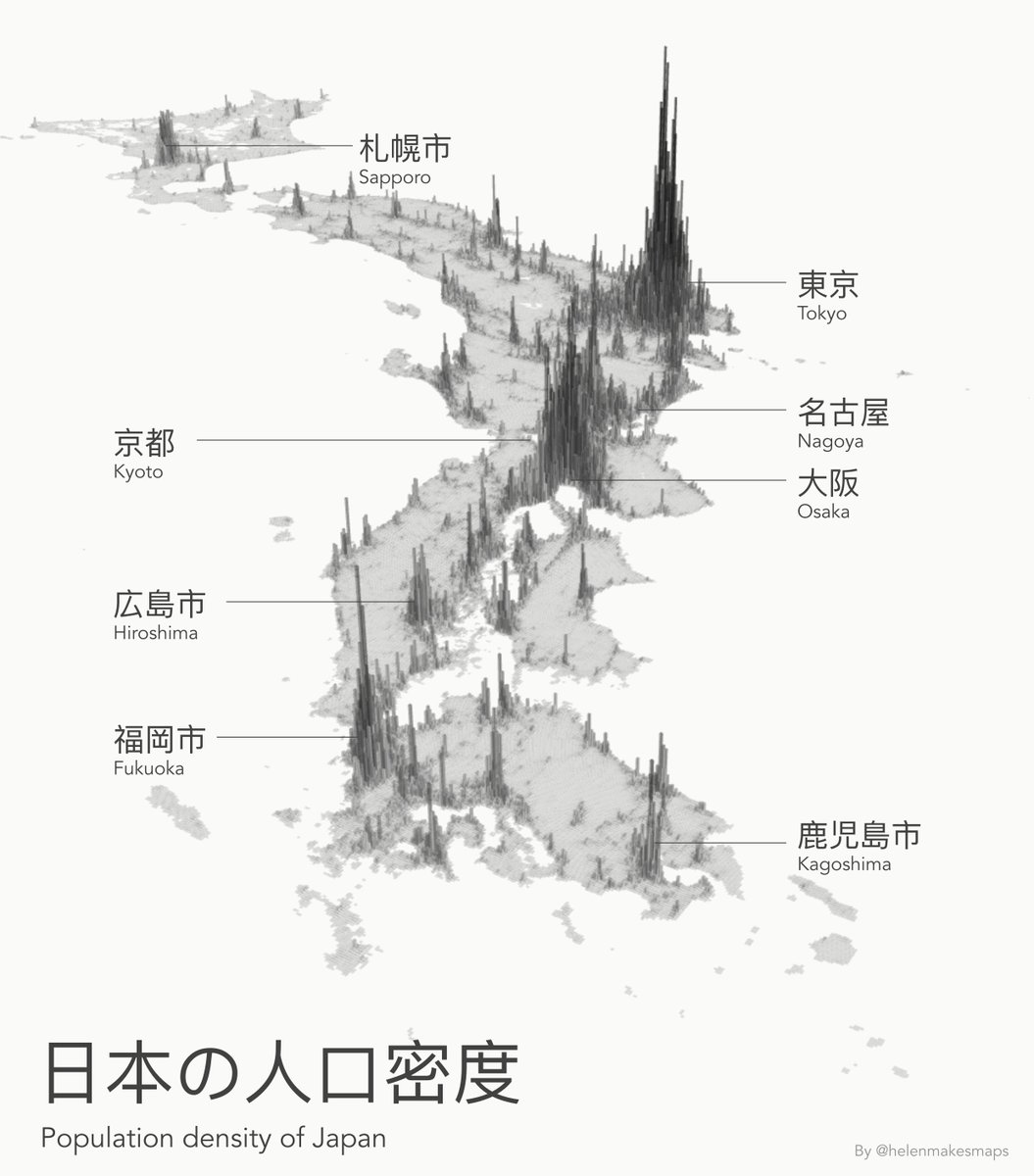 Population density map of Japan 🇯🇵 Created for day 24 of the #30daymapchallenge (final week!!), theme: black & white. Created in CARTO (interactive version here: shorturl.at/dDIJ8) + labels added in QGIS because apparently that is my graphic design software of choice 😂