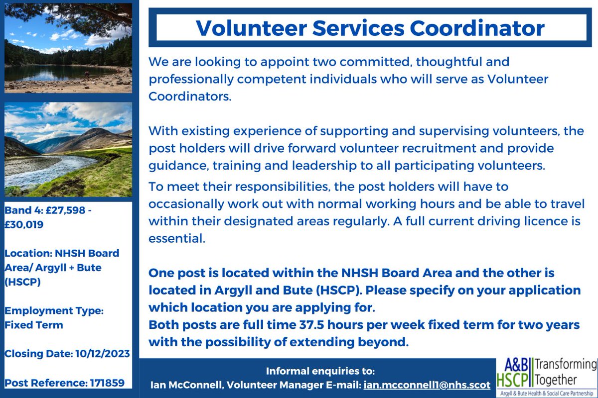 NHS Highland is looking to recruit 2 Volunteer Services Coordinators.
📢 apply.jobs.scot.nhs.uk/Job/JobDetail?…