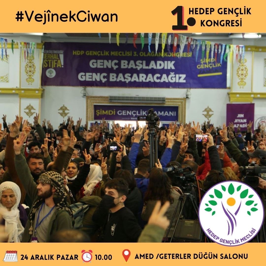 DEMgenclik's tweet photo. Gelî ciwanno, hevalno

Em ê Kongreya xwe 1’emîn bi navê "Vejînek Ciwan" di 24'ê Berfanbarê de li Amedê pêk bînin. Li dijî zext û zordariyê em banga têkoşîn û yekîtîyê dikin û em benda hemû ciwan û gelê xwe ne.

Werin, em dengê xwe ji bo azadî û wekhevî bilind bikin. 

🗓️ 24’ê Berfanbarê 2023
⏰ 10.00 
📍Amed /Salona Dawetê Ya Geterler 

#VejînekCiwan