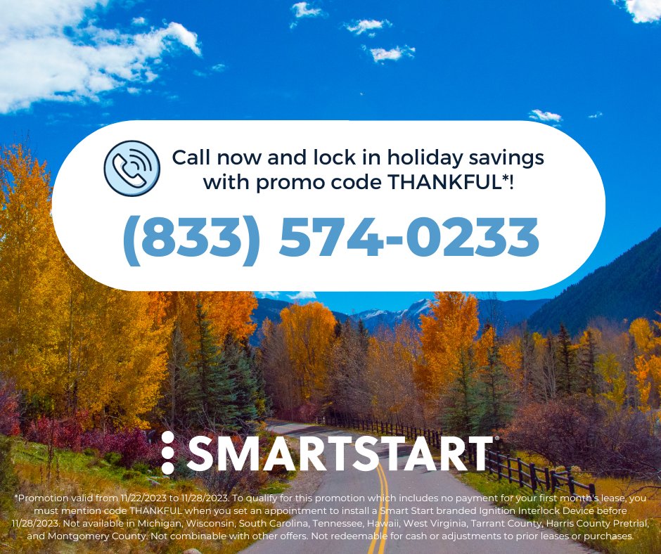 SmartStartUSA's tweet image. Get your FIRST MONTH FREE on your Ignition Interlock with our holiday promo! Call (833) 574-0233 and use promo code THANKFUL when scheduling your installation. Or fill out our quick online form: bit.ly/3QP3CEj #SmartStartInc #IgnitionInterlock #HolidaySavings