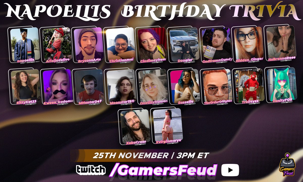The Chance to Win Over Napo's Heart is Here!!🎉

Which friend is dropping into the birthday arena &amp; coming away with the W to be crowned the best friend👑

LIVE SATURDAY AT 3 PM EST!!
Twitch.tv/GamersFeud
youtube.com/@gamersfeud