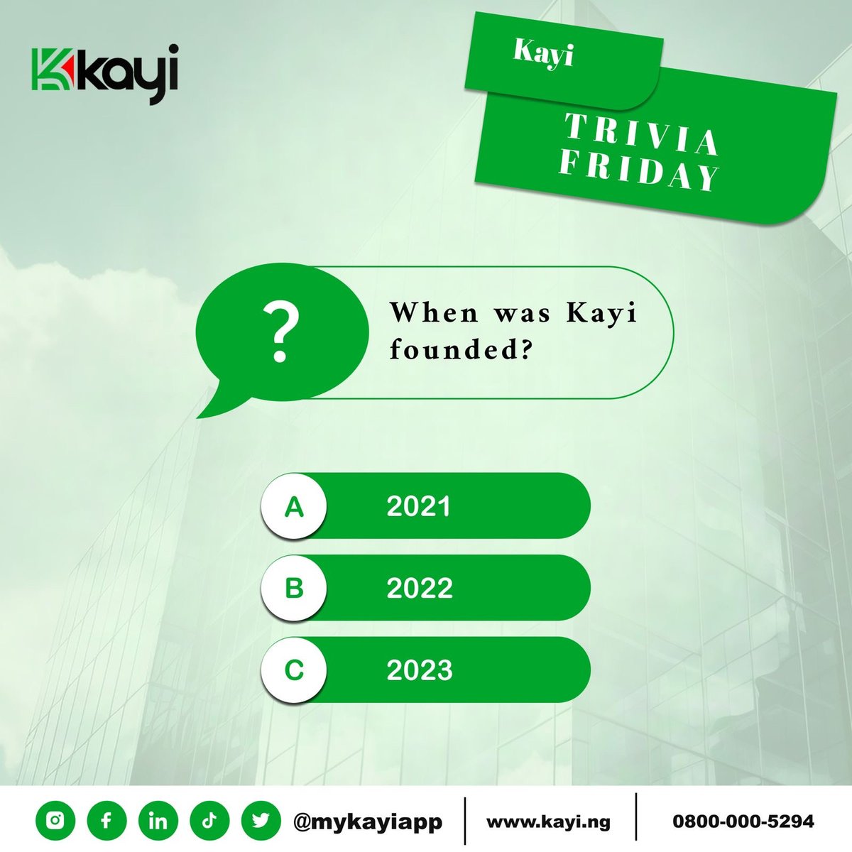 mykayiapp's tweet photo. Trivia Friday!!
Question: When was Kayi founded?
A) 2021
B) 2022
C) 2023
#MyKayiapp
#Kayiway
#Digitalbanking
#KayiTrivia
#TriviaFriday https://t.co/XDI7hh4Kn3