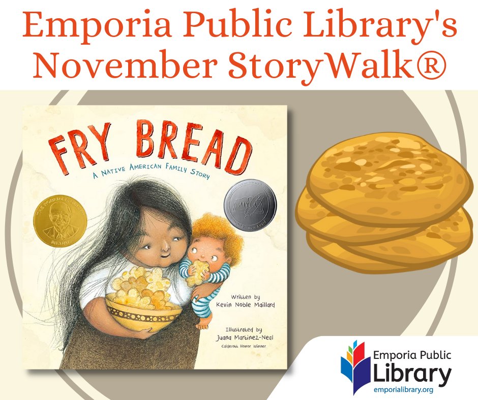 EPL_KS's tweet image. Stretch your legs and read a story! Our November StoryWalk is available on Commercial Street; start at Complete Works (610 Commercial) and follow the trail to read "Fry Bread: A Native American Family Story" by Kevin Maillard. It's fun for the whole family!  #StoryWalk #FunForAll